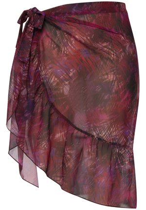 Ohut kääreskirtti burgundin ja purppuran sävyissä. Varustettu röyhelöhelmalla ja sidottavalla vyötäröllä. Abstrakti kuvio teksturoidusta kankaasta.