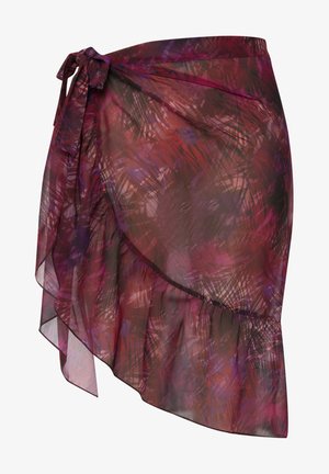 Ohut kääreskirtti burgundin ja purppuran sävyissä. Varustettu röyhelöhelmalla ja sidottavalla vyötäröllä. Abstrakti kuvio teksturoidusta kankaasta.