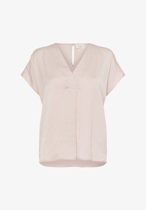 Rózsaszín, rövid ujjú blúz V-nyakkal, kulcslyuk hátkivágással és enyhén laza szabással, könnyű anyagból készült.
