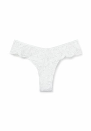 Witte kanten string met bloemenpatroon, gegolfde randen en doorschijnende textuur. Heeft een smalle tailleband voor een minimalistisch ontwerp.