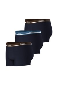 Boxer-briefs pour hommes en bleu marine, avec des ceintures élastiques brun et bleu clair arborant le logo de la marque. Tissu lisse et design ajusté.