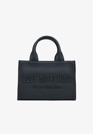 Sac à main rectangulaire noir avec poignées arrondies, embossé des inscriptions "LOVE MOSCHINO" et "Made with love" sur le devant.