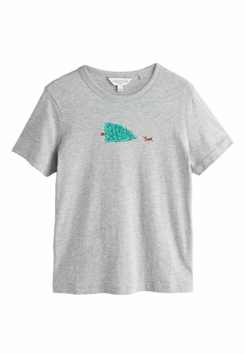 Sivý tričko s krátkym rukávom vyrobené z bavlny, s ilustráciou zelenej vianočnej jedle a hnedého psa na prednej strane.