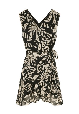 Robe noire à motif de feuilles beiges, décolleté en V, sans manches et avec un ourlet volanté. Les liens à la taille créent une silhouette ajustée.