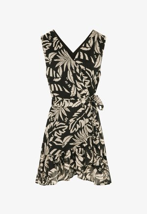 Robe noire à motif de feuilles beiges, décolleté en V, sans manches et avec un ourlet volanté. Les liens à la taille créent une silhouette ajustée.