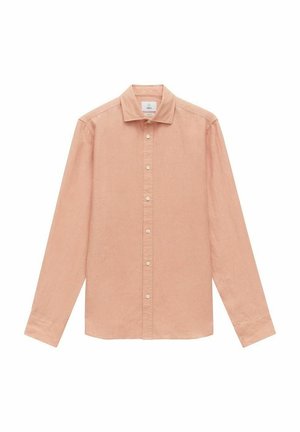 Chemise à manches longues corail clair en lin, dotée d'un devant boutonné avec des boutons blancs, d'un col pointu et d'une coupe décontractée.