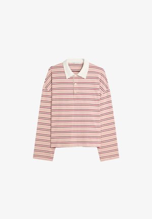 Poloshirt met lange mouwen, witte kraag en roze en kastanjebruine horizontale strepen. Zacht stof met een recht silhouet, voorzien van drie knopen.