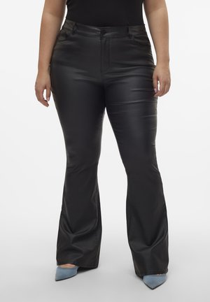 Black flared pants made of leather-like material, featuring a high waist and front pockets, paired with light blue pointed toe heels.