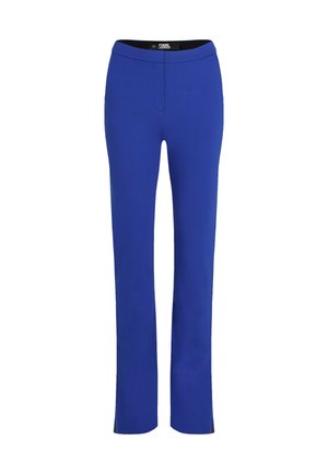 Blue trousers with a fitted waistband, straight legs, and clean lines. Made of smooth fabric with subtle side slits at the hem.