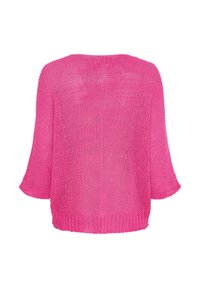 Rosa stickad tröja med lös passform, trekvartsärmar och en texturerad, öppen väv. Har en rak nederdel och subtila ribbade detaljer.