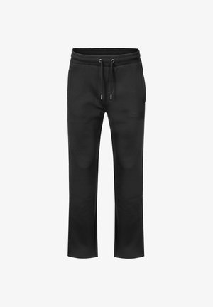 Black straight-leg sweatpants with an elastic waistband, adjustable drawstrings, side pockets, and subtle logo on the right thigh.