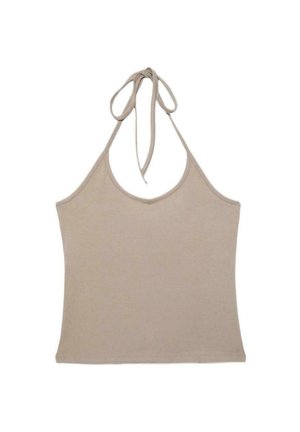 Top dos nu beige côtelé avec un décolleté arrondi et des liens à nouer au cou, sans manches et cintré à la taille.