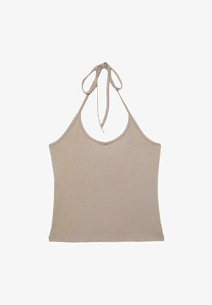 Top dos nu beige côtelé avec un décolleté arrondi et des liens à nouer au cou, sans manches et cintré à la taille.