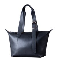 Black leather tote bag with dual handles, zip closure, textured surface, and a sleek, structured design. Features a strap with a gold buckle.
