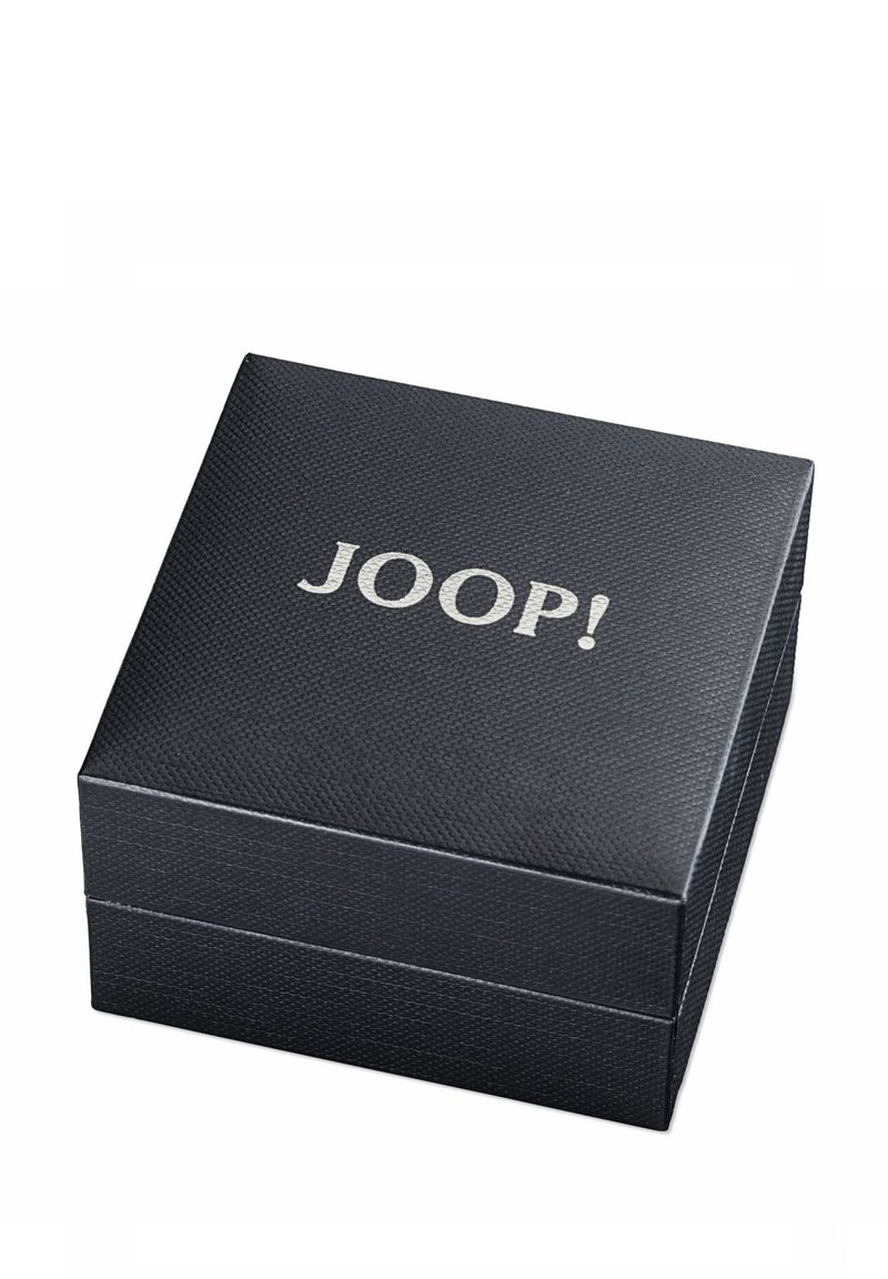 Schwarze rechteckige Box mit einer strukturierten Oberfläche, auf der der Markenname "JOOP!" in Silber an der Oberseite steht. Einfaches Design mit geraden Kanten.