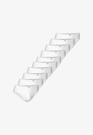 Valkoiset puuvillapikkarit, joissa on tavallinen leikkaus, joustava vyötärö ja hillitty logotyyli. Kymmenen kappaleen setti, sileä tekstuuri, ilman kuvioita.