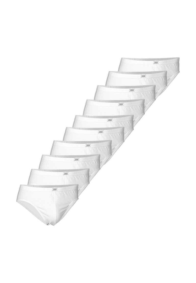 Weiße Baumwollslips mit klassischem Schnitt, elastischem Bund und dezentem Logodetail. Set von zehn, glatte Textur, keine Muster.
