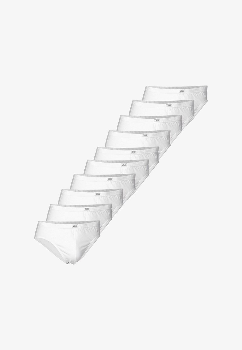 Witte katoenen slips met een standaard snit, voorzien van een elastische tailleband en subtiele logo-detail. Set van tien, gladde textuur, geen patronen.