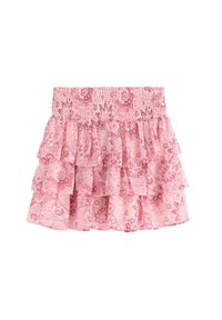 Gonna a balze a strati rosa realizzata in tessuto leggero, caratterizzata da un motivo floreale paisley, con una vita elastica per il massimo comfort.