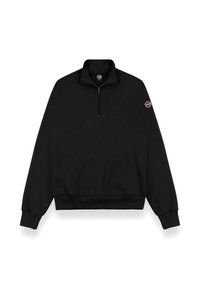 Black pullover sweatshirt with a quarter-zip collar, ribbed cuffs, and waistband. Features a logo patch on the left sleeve.