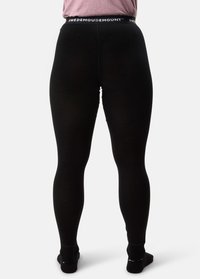 Svarta leggings med en slät textur, med en midja prydd av en logotyp. En åtsittande design som formar benen ner till ankellängd.