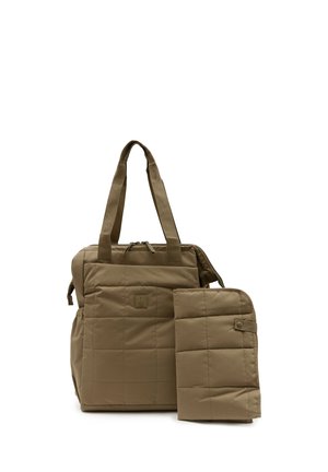 Quilted brown tote bag with long handles beside a matching padded changing mat with snap closure on white background.