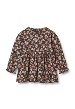Schwarze, florale Bluse mit langen Ärmeln und gerafftem Taillenbereich, verziert mit rosa und weißen Blumen, rundem Halsausschnitt und gerafften Ärmelbündchen.
