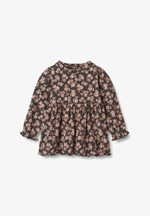 Schwarze, florale Bluse mit langen Ärmeln und gerafftem Taillenbereich, verziert mit rosa und weißen Blumen, rundem Halsausschnitt und gerafften Ärmelbündchen.