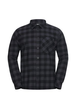 Chemise à carreaux noire et grise avec des manches longues, fermeture boutonnée à l'avant, col classique et poche poitrine, fabriquée dans un tissu texturé.