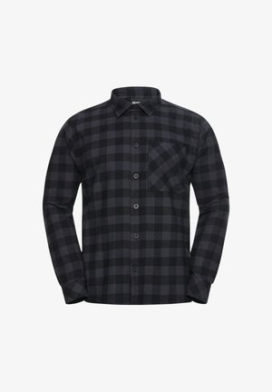 Chemise à carreaux noire et grise avec des manches longues, fermeture boutonnée à l'avant, col classique et poche poitrine, fabriquée dans un tissu texturé.