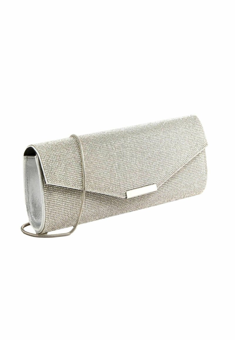 Borsa a pochette argentata scintillante con chiusura a patta e sottile tracolla, progettata per occasioni serali o formali.