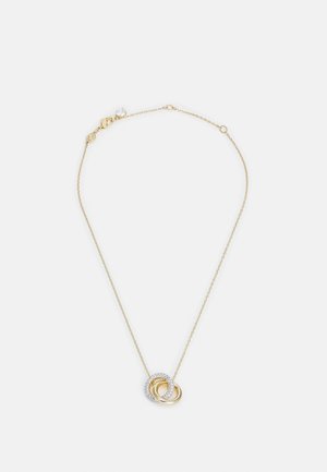 Collier doré mettant en avant des cercles entrelacés, dont l'un est orné de rhinestones transparents. La chaîne est délicate et se ferme avec un fermoir à lobster.