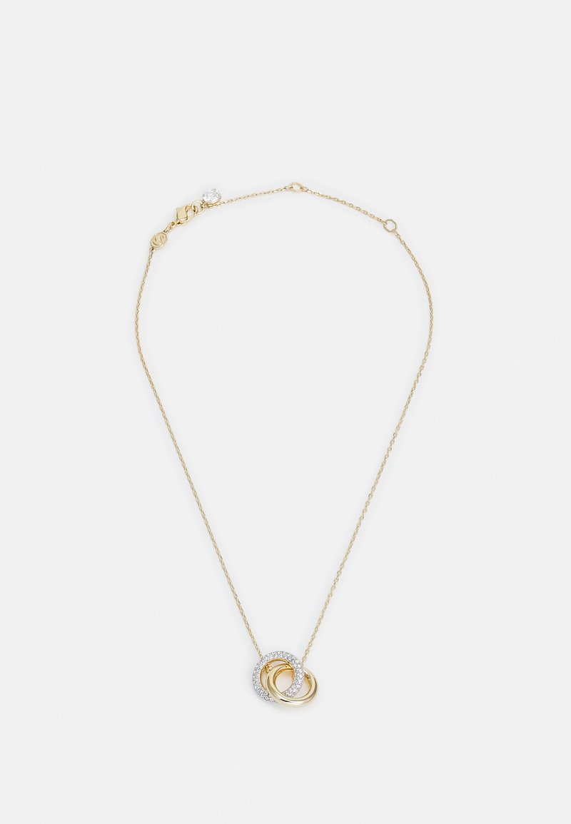 Gouden ketting met onderling vergrendelde cirkels, waarvan er een is versierd met heldere rhinestones. De ketting is delicaat en heeft een karabijnsluiting.