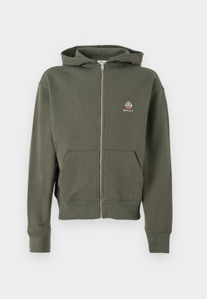 Felpa con zip intera verde oliva, dotata di tasche frontali, polsini a costine, cappuccio e piccolo logo Bally multicolore sul lato sinistro del petto.