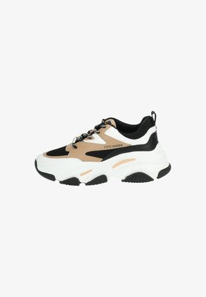 Kraftige sneakers med en blanding af sort, hvid og beige materialer, med en tekstureret sål og kontrasterende detaljer. Snørelukning, synligt logo.