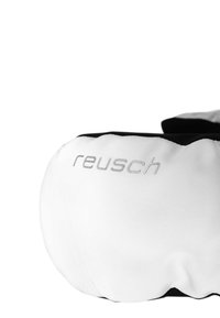 Witte en zwarte sporthandschoen met een gladde textuur, voorzien van de reliëf merknaam "reusch" in zilver aan de voorkant.
