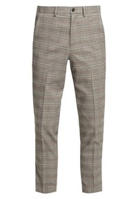 Slim-fit byxor med ett grått och svart rutmönster som har subtila röda linjer, framknäppning och bälteshällor.