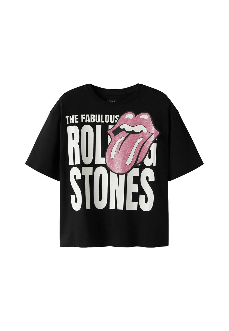 Black short-sleeve T-shirt with large white text "THE FABULOUS ROLLING STONES" and a glittery pink Rolling Stones tongue logo.