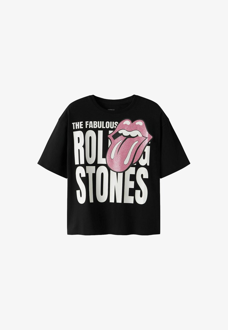 Melnas īsām piedurknēm T-krekls ar lieliem baltiem burtiem "FANTASTISKIE ROLLING STONES" un mirdzošu rozā Rolling Stones mēles logo.