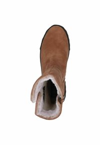 Bottine en suede marron avec doublure en fourrure moelleuse, fermeture zippée sur le côté et semelle en caoutchouc texturé. La forme est élégante et arrondie.