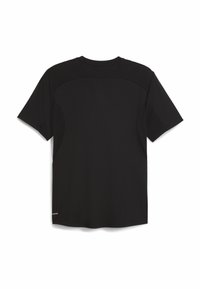 Tricou sportiv scurt, negru, cu mâneci scurte, decolteu rotund, material neted și design fără cusături, cu panouri contrastante la umeri.