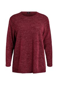 Bordowy, dzianinowy sweter z długim rękawem, okrągłym dekoltem i luźnym krojem. Teksturowana tkanina z delikatnym wzorem w całej powierzchni.