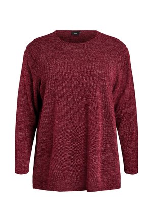 Burgundi spalvos megztinis ilgomis rankovėmis su apvaliu iškirpimu ir laisvu siluetu. Audinys su tekstūra ir subtiliu raštu visame paviršiuje.