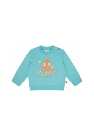 Light blue long-sleeve baby shirt with two buttons on shoulder and smiling orange octopus holding a yellow duck illustration.