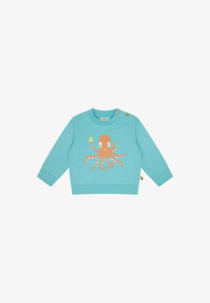 Hellblaues Baby-Langarmshirt mit zwei Knöpfen an der Schulter und einem lächelnden orangefarbenen Oktopus, der eine gelbe Ente hält, Illustration.