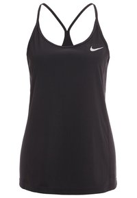 Zwarte sportieve tanktop met een gladde textuur, voorzien van een crisscross rugontwerp en een klein wit Nike-logo op de voorkant.