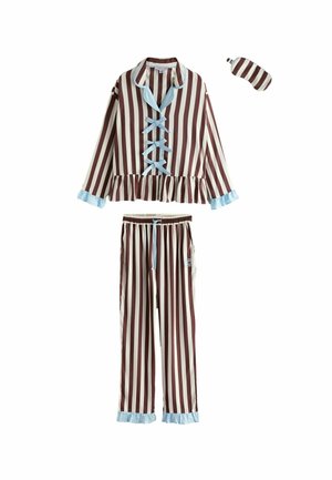 Gestreifter braun-weißer Pyjama mit blauen Rüschen-Details, bestehend aus langärmeligem Oberteil, Hose und passender Schlafmaske.