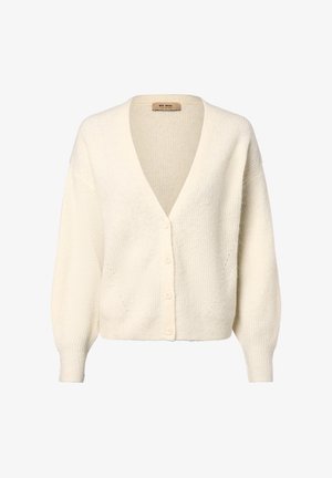 Cream-colored cardigan in a soft, textured knit. Features a V-neck, long sleeves, and six button front closure. Accented with patch pockets.
