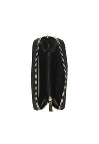 Portefeuille noir à fermeture �éclair ouvert pour montrer les compartiments intérieurs et une poche centrale à fermeture éclair, photographié sur un fond blanc.