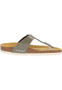 Grå glittrig flip-flop sandal med korkfotbädd, justerbar rem och vit gummisula. Har 'palado'-logotyp på sidan.